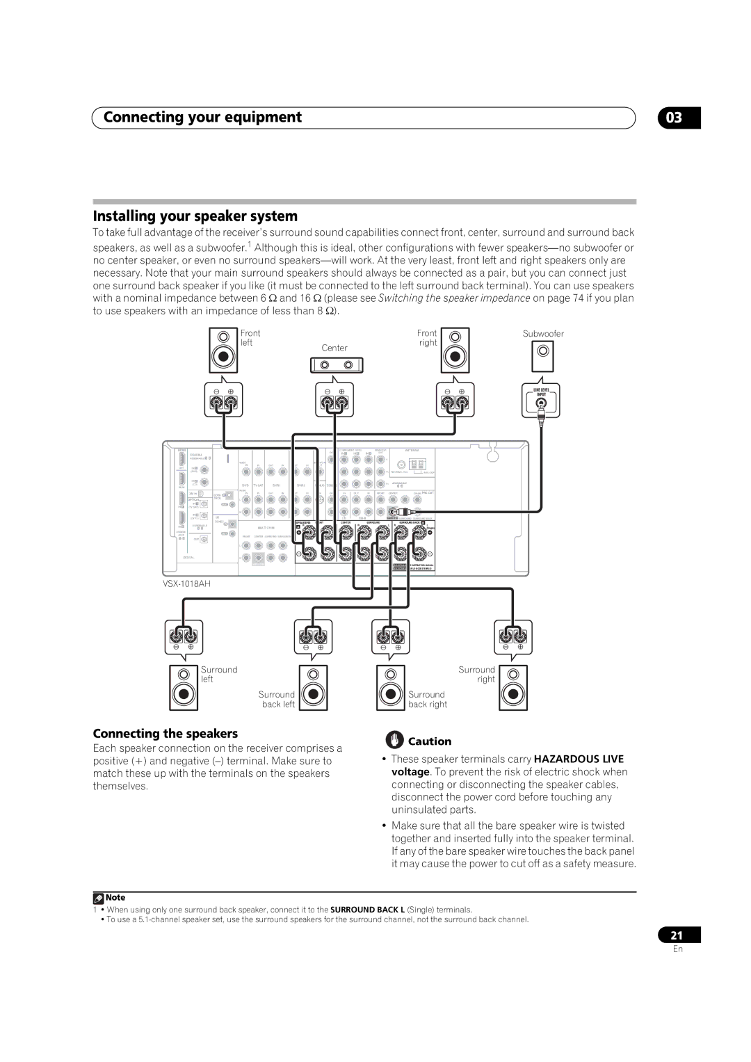 Pioneer VSX-1018AH-K 7 Connecting your equipment Installing your speaker system, Connecting the speakers 