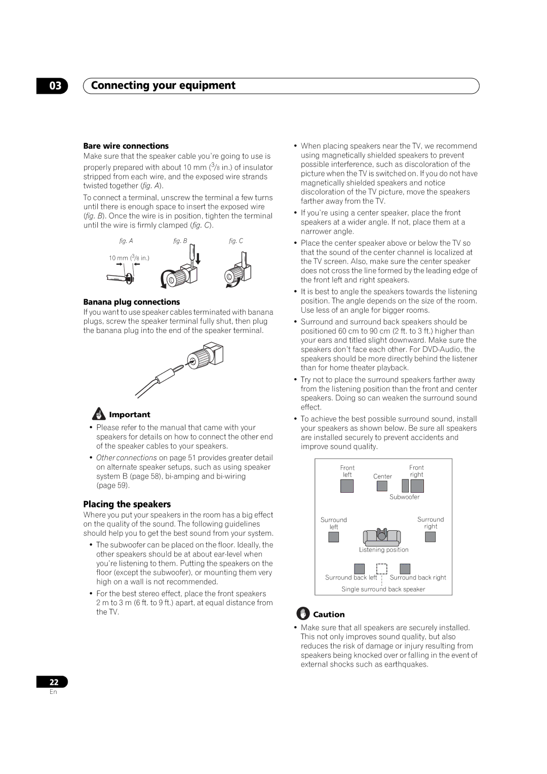 Pioneer VSX-1018AH-K 7 operating instructions Placing the speakers, Bare wire connections, Banana plug connections 