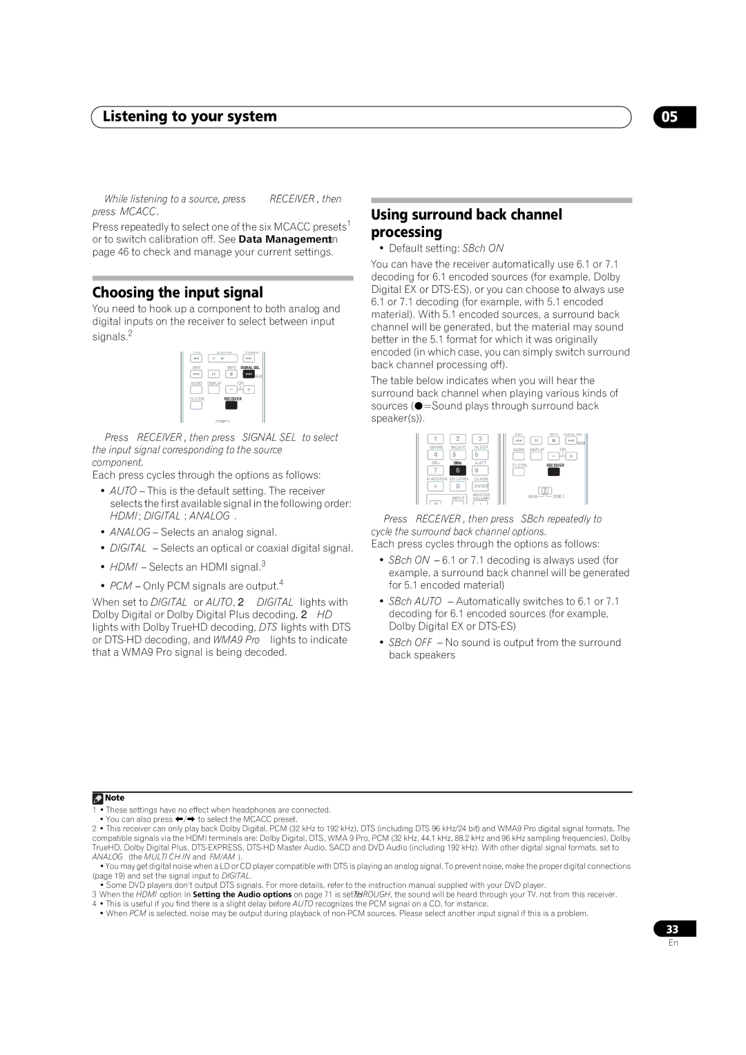 Pioneer VSX-1018AH-K 7 Choosing the input signal, Using surround back channel processing, Hdmi Digital Analog 