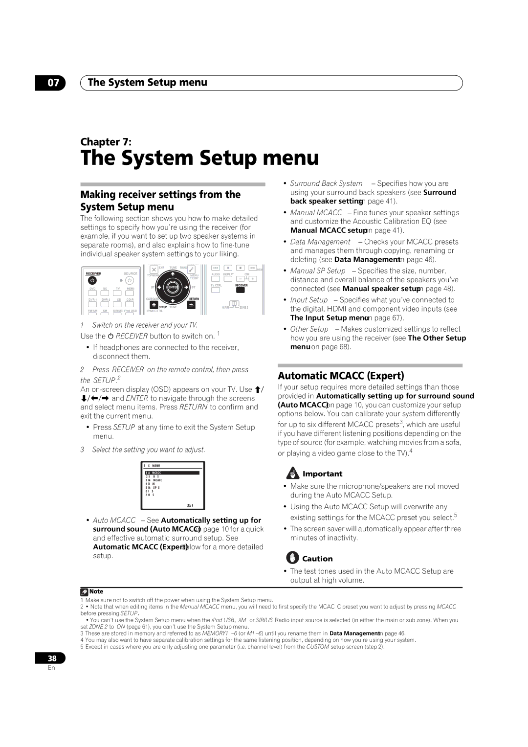 Pioneer VSX-1018AH-K 7 System Setup menu Chapter, Making receiver settings from the System Setup menu 