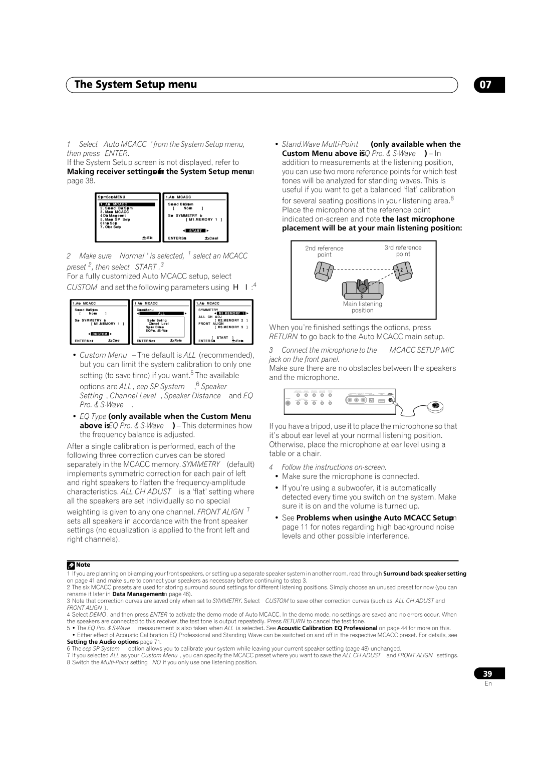 Pioneer VSX-1018AH-K 7 operating instructions System Setup menu, Mcacc 