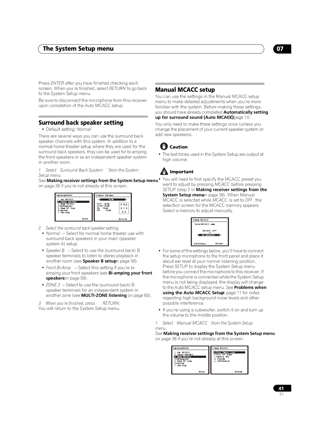 Pioneer VSX-1018AH-K 7 operating instructions Surround back speaker setting, Manual Mcacc setup 