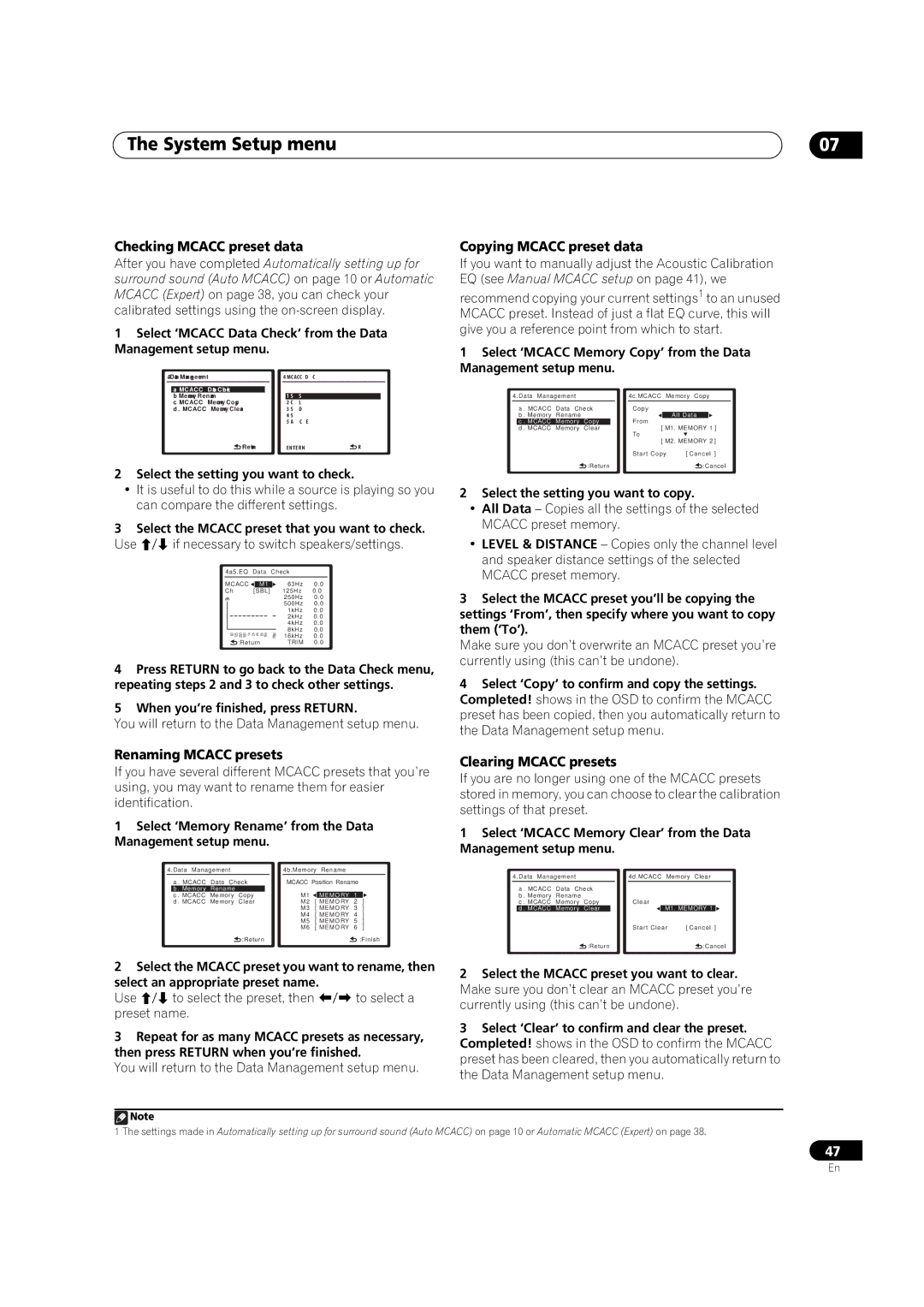 Pioneer VSX-1018AH-K 7 operating instructions Checking Mcacc preset data, Copying Mcacc preset data, Renaming Mcacc presets 