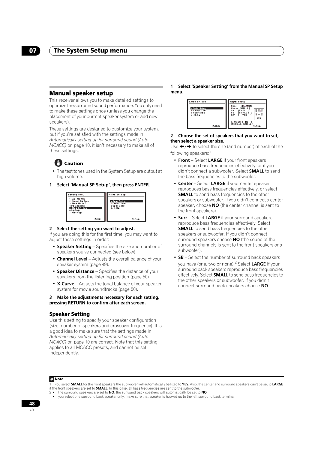 Pioneer VSX-1018AH-K 7 System Setup menu Manual speaker setup, Speaker Setting, Select ‘Manual SP Setup’, then press Enter 