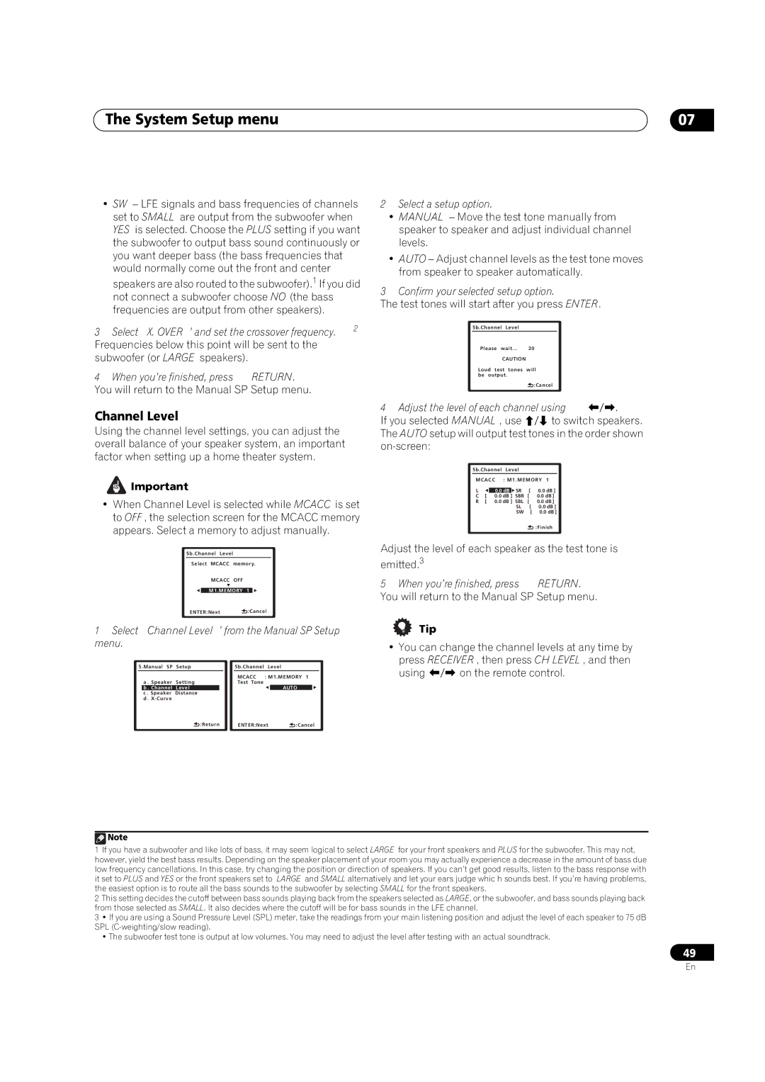 Pioneer VSX-1018AH-K 7 operating instructions Channel Level, Select a setup option, Confirm your selected setup option 