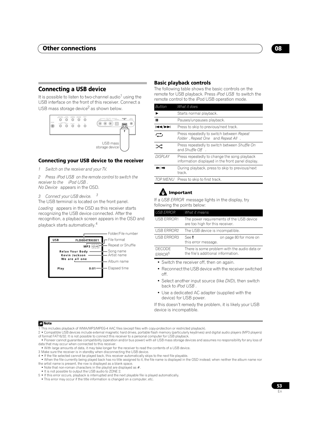 Pioneer VSX-1018AH-K 7 Other connections Connecting a USB device, Connecting your USB device to the receiver 