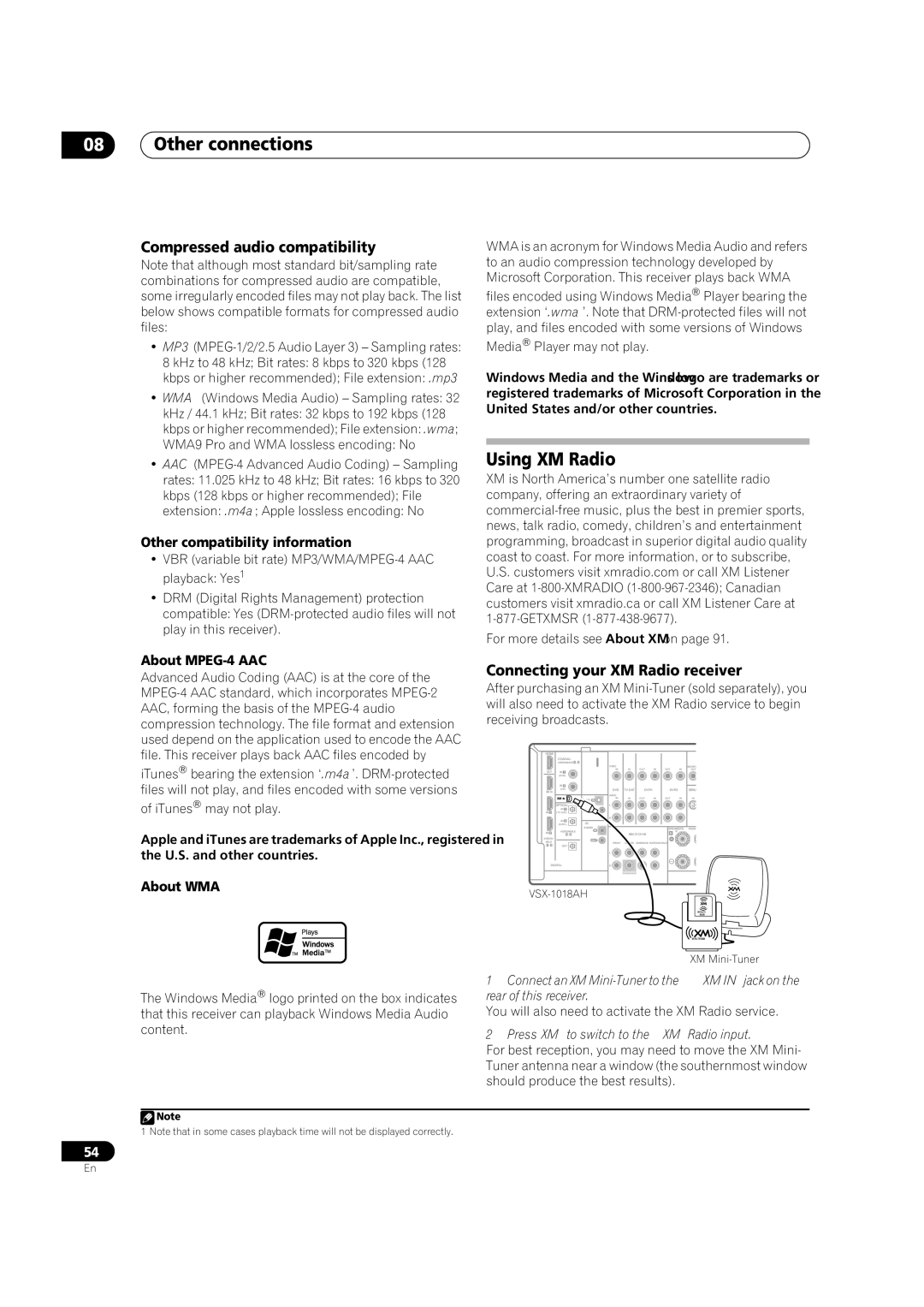 Pioneer VSX-1018AH-K 7 Using XM Radio, Compressed audio compatibility, Connecting your XM Radio receiver 