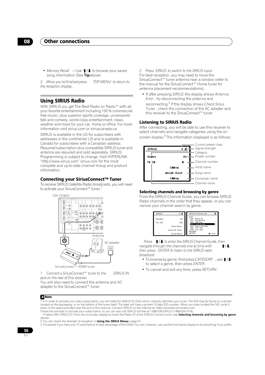 Pioneer VSX-1018AH-K 7 Using Sirius Radio, Connecting your SiriusConnect Tuner, Listening to Sirius Radio 