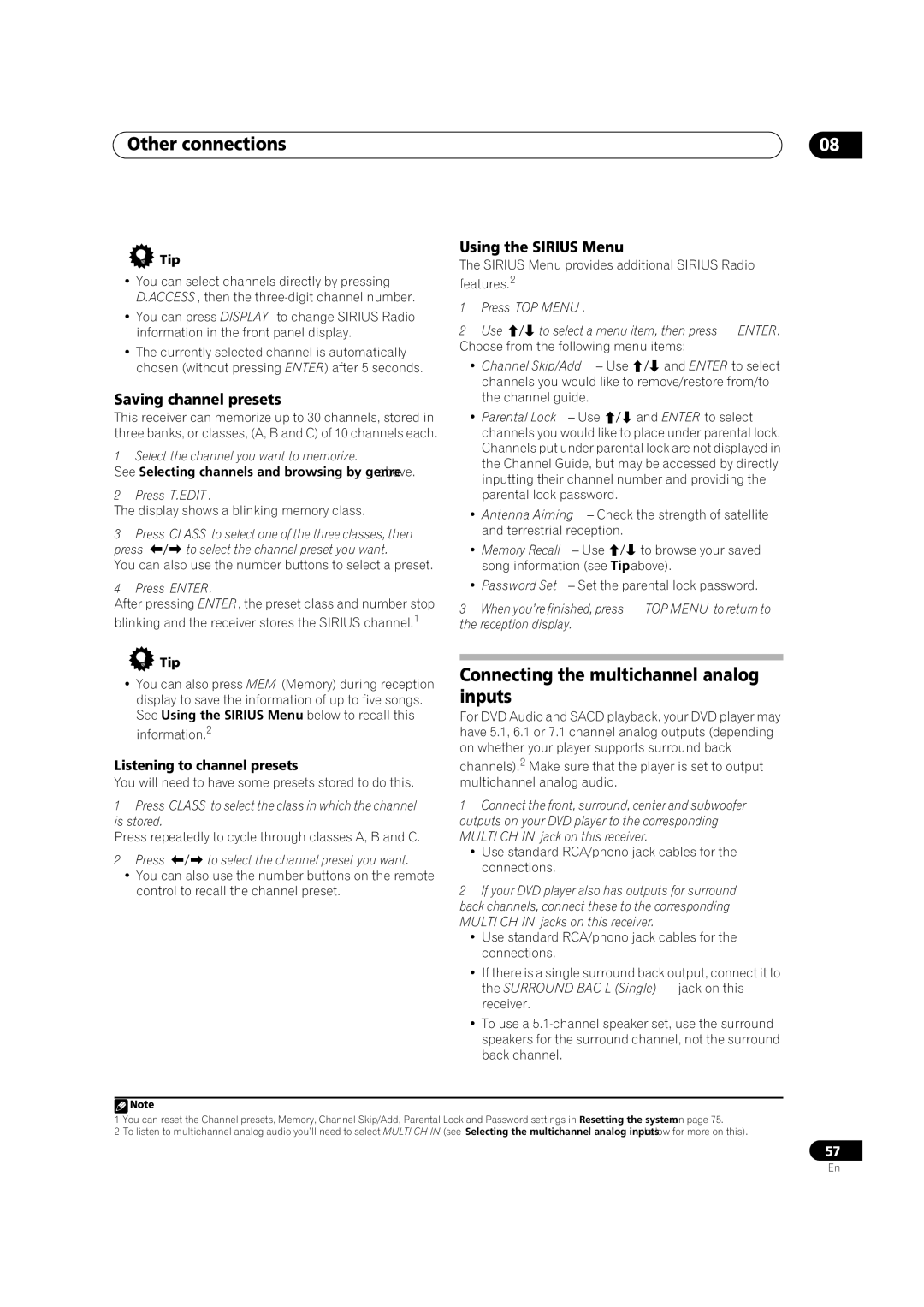 Pioneer VSX-1018AH-K 7 operating instructions Connecting the multichannel analog inputs, Using the Sirius Menu 