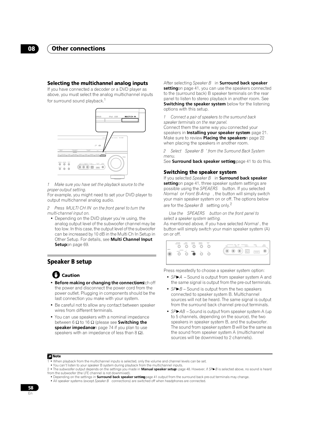 Pioneer VSX-1018AH-K 7 Speaker B setup, Selecting the multichannel analog inputs, Switching the speaker system 