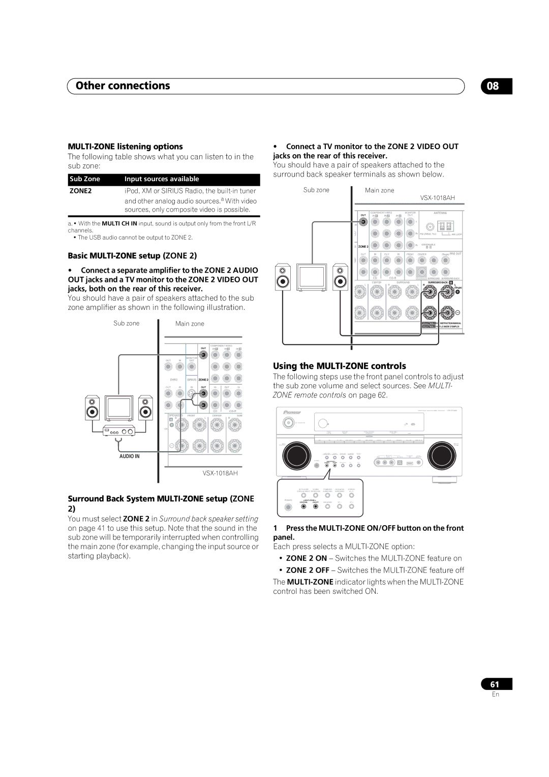 Pioneer VSX-1018AH-K 7 Using the MULTI-ZONE controls, MULTI-ZONE listening options, Basic MULTI-ZONE setup Zone 