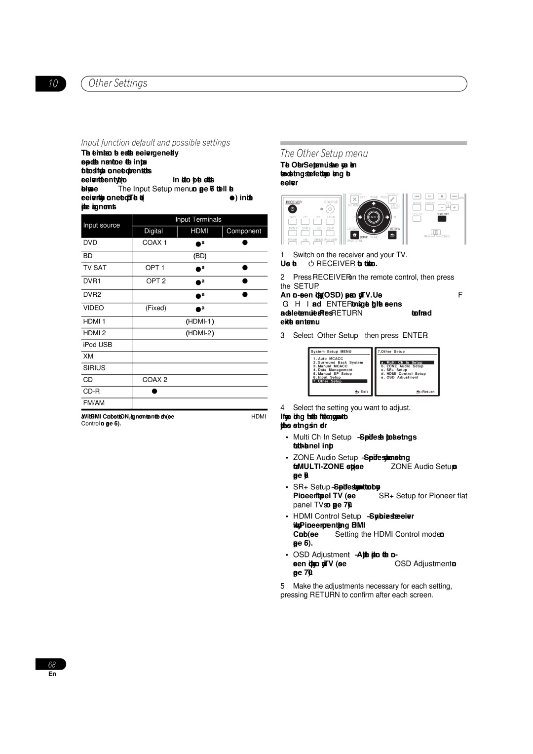 Pioneer VSX-1018AH-K 7 Other Settings, Other Setup menu, Input function default and possible settings 