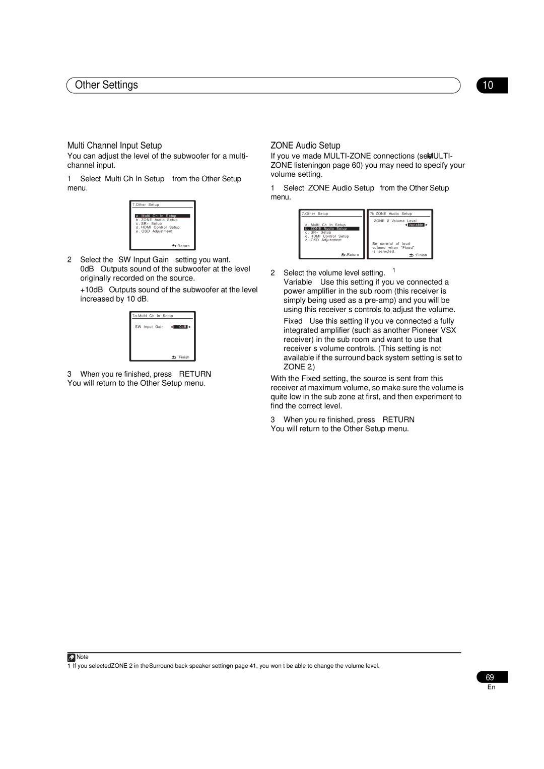 Pioneer VSX-1018AH-K 7 operating instructions Multi Channel Input Setup, Zone Audio Setup 