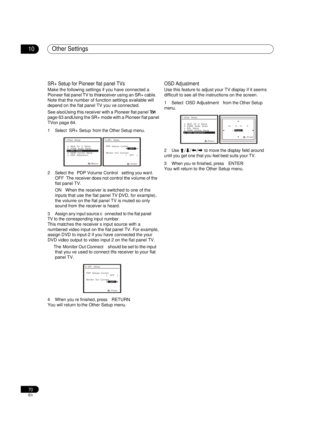 Pioneer VSX-1018AH-K 7 SR+ Setup for Pioneer flat panel TVs, OSD Adjustment, Select ‘SR+ Setup’ from the Other Setup menu 