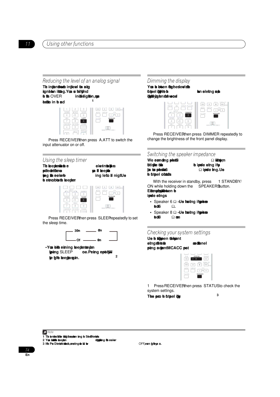 Pioneer VSX-1018AH-K 7 operating instructions Dimming the display, Using the sleep timer, Switching the speaker impedance 