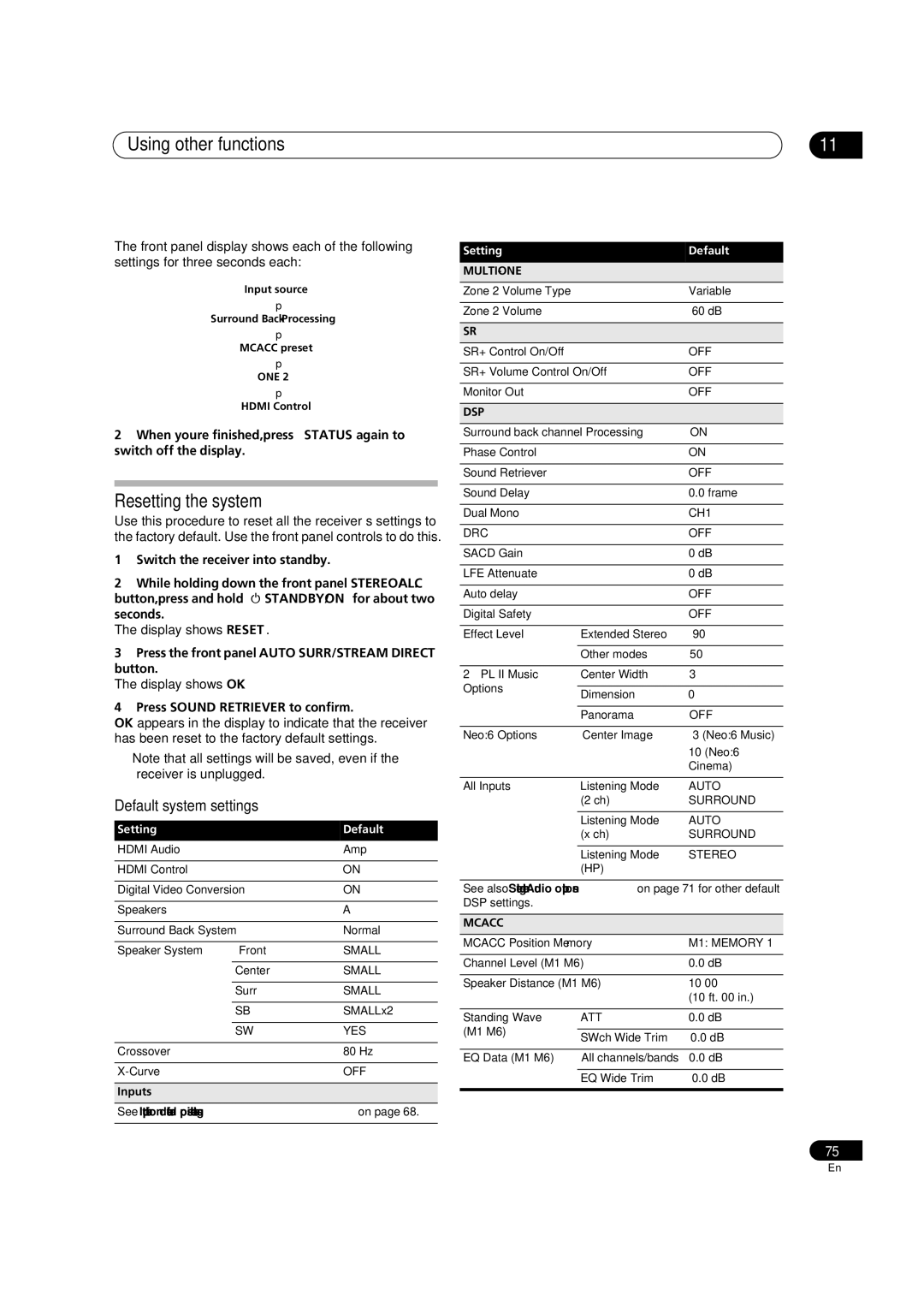 Pioneer VSX-1018AH-K 7 Resetting the system, Default system settings, Press the front panel Auto SURR/STREAM Direct button 