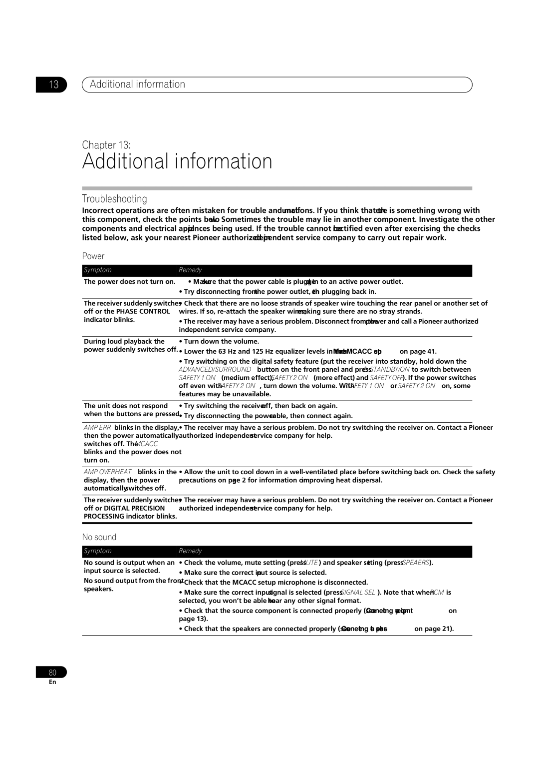 Pioneer VSX-1018AH-K 7 operating instructions Additional information Chapter, Troubleshooting, Power, No sound 