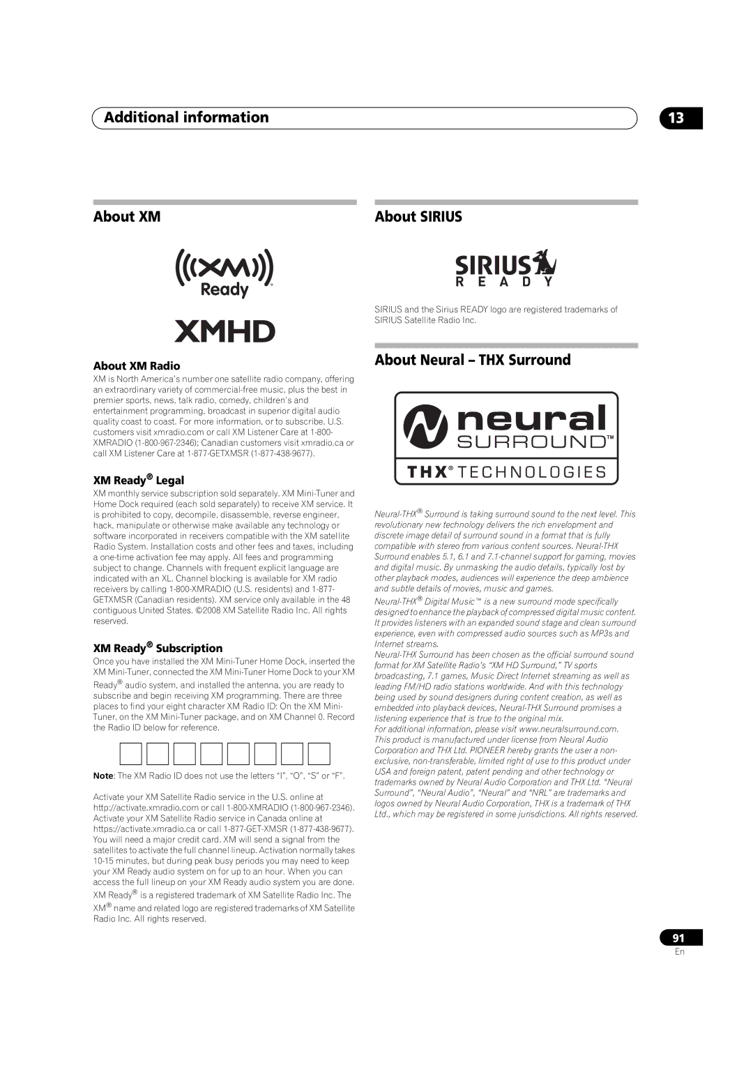 Pioneer VSX-1018AH-K 7 Additional information About XM, About Neural THX Surround, About XM Radio XM Ready Legal 