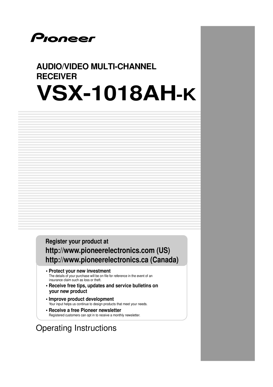 Pioneer VSX-1018AH-K 7 operating instructions Audio/Video Multi-Channelreceiver, Operating Instructions 