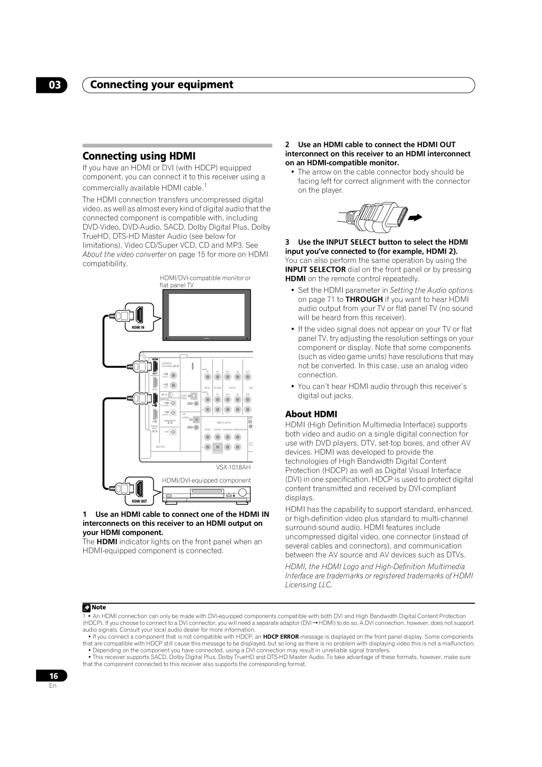Pioneer VSX-1018AH-K 7 operating instructions 03Connecting your equipment Connecting using HDMI, About HDMI 