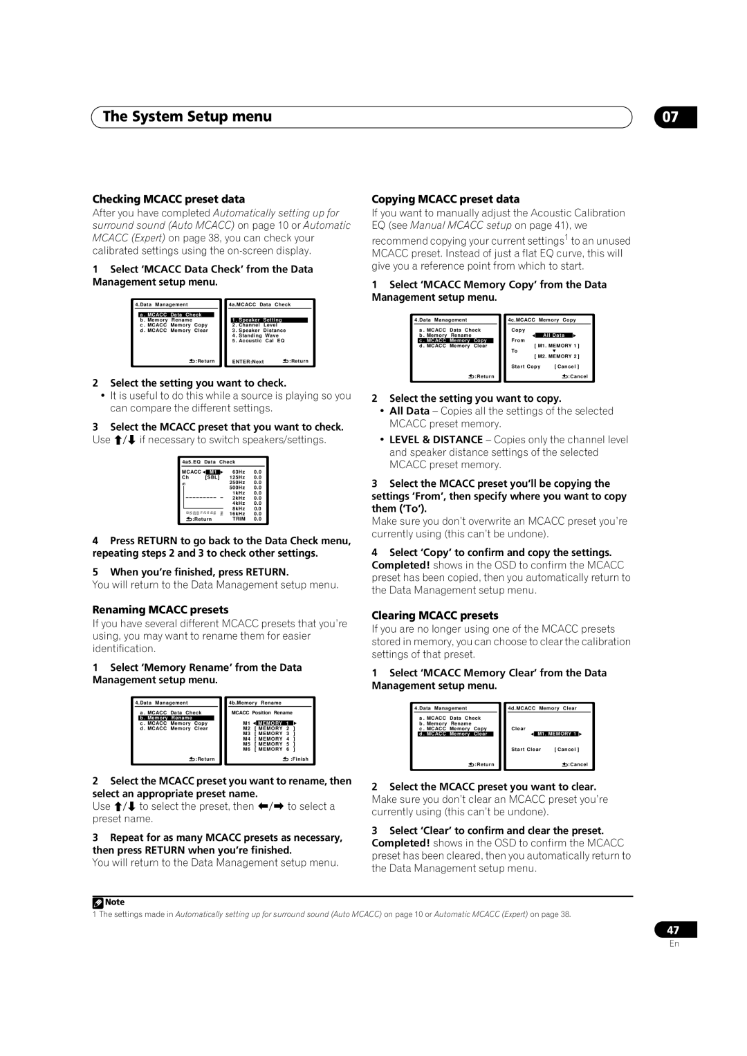 Pioneer VSX-1018AH-K 7 operating instructions Checking MCACC preset data, Copying MCACC preset data, Renaming MCACC presets 