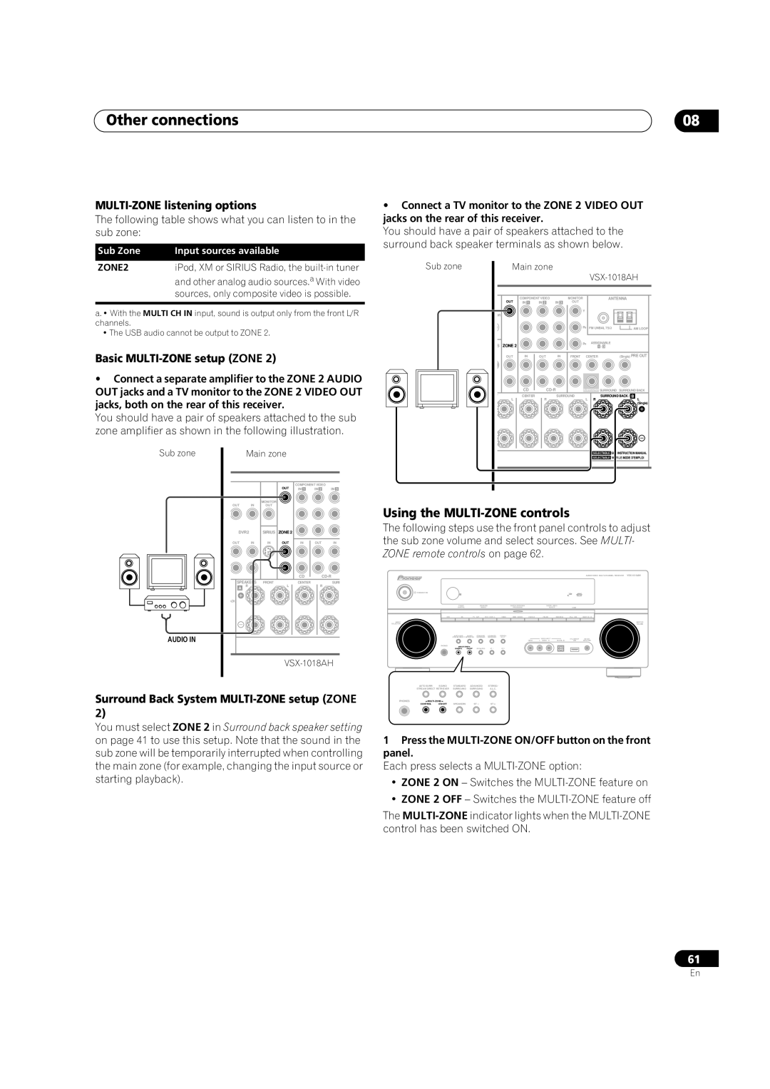 Pioneer VSX-1018AH-K 7 Using the MULTI-ZONEcontrols, MULTI-ZONElistening options, Basic MULTI-ZONEsetup ZONE 