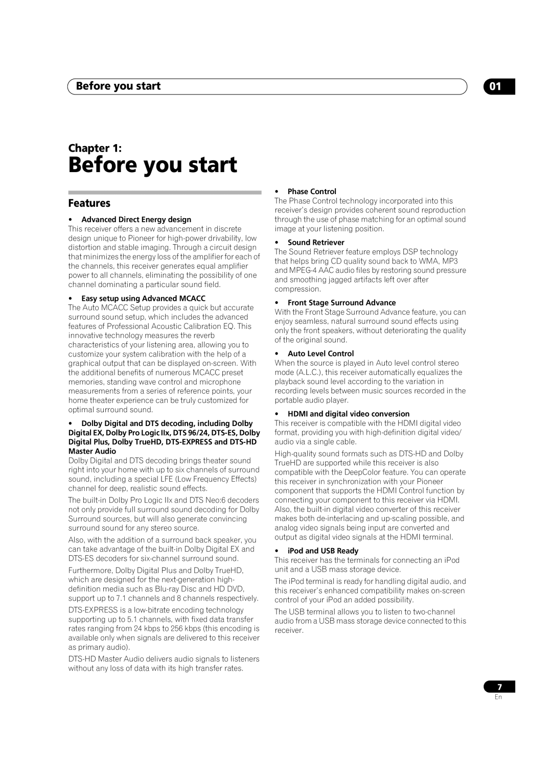 Pioneer VSX-1018AH-K 7 operating instructions Before you start Chapter, Features 