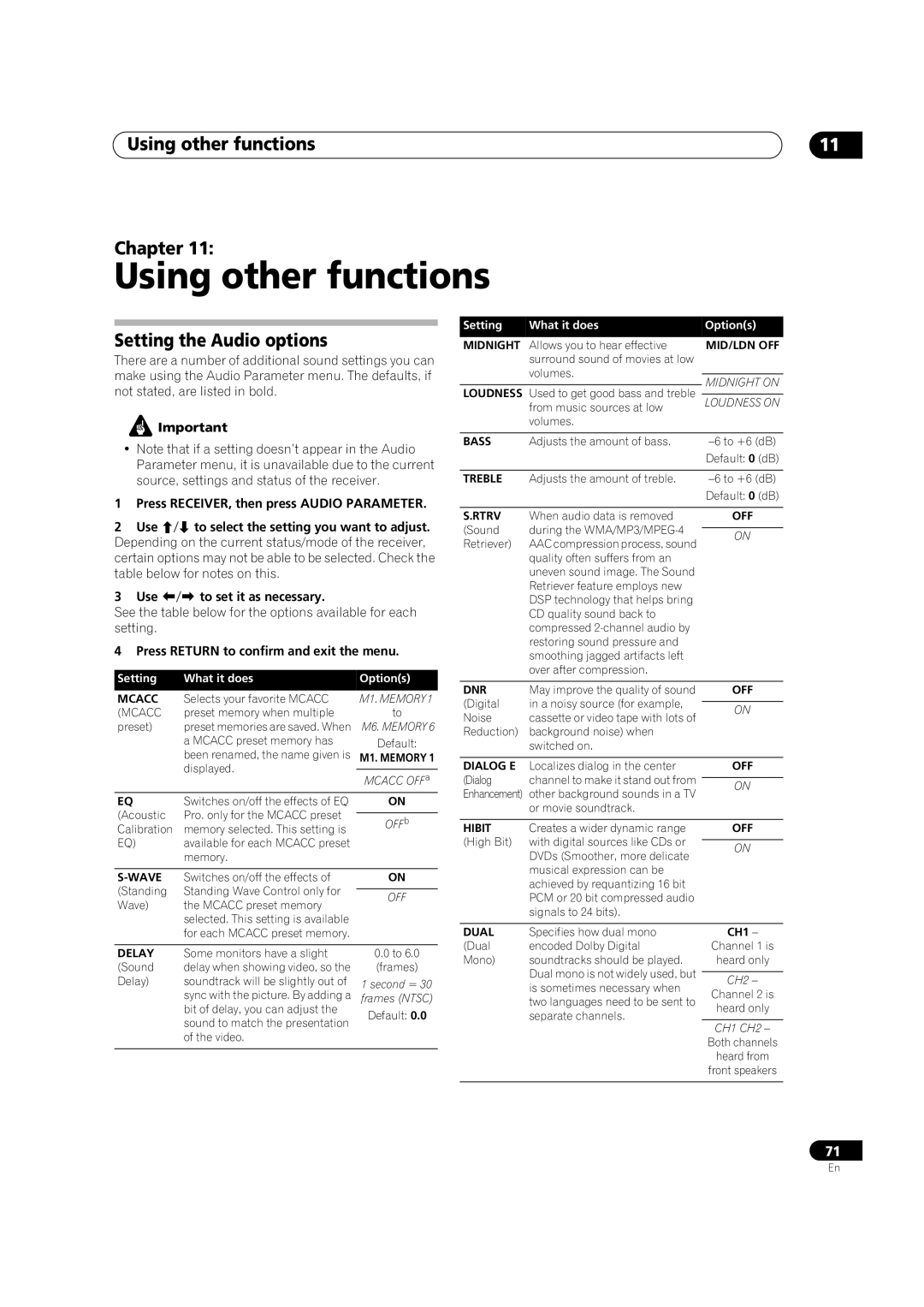 Pioneer VSX-1018AH-K 7 operating instructions Using other functions, Setting the Audio options, Chapter 