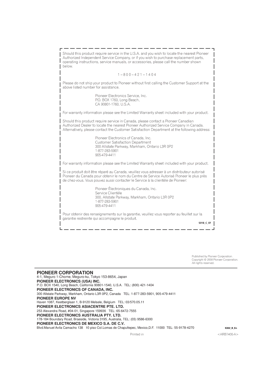 Pioneer VSX-1018AH-K manual Pioneer Corporation 