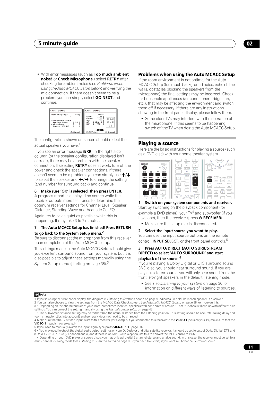 Pioneer VSX-1018AH-K manual Minute guide, Playing a source, Problems when using the Auto Mcacc Setup 