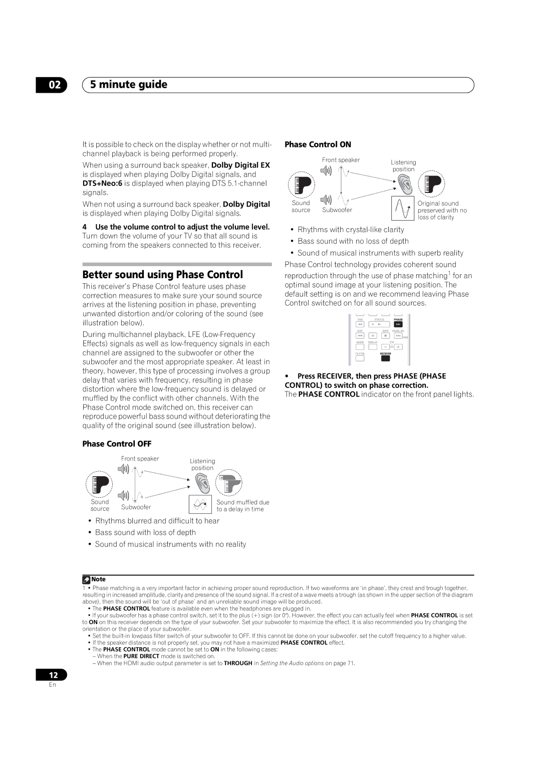 Pioneer VSX-1018AH-K manual 02 5 minute guide, Better sound using Phase Control, Phase Control on, Phase Control OFF 