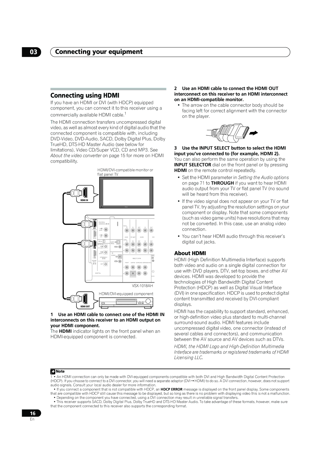 Pioneer VSX-1018AH-K manual Connecting your equipment Connecting using Hdmi, About Hdmi 