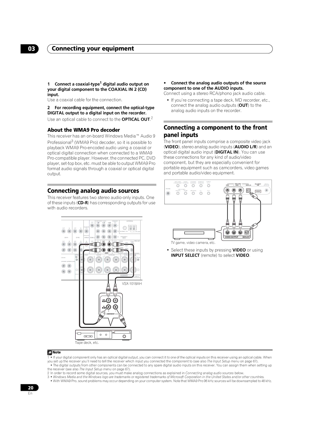 Pioneer VSX-1018AH-K manual Connecting analog audio sources, Connecting a component to the front panel inputs 