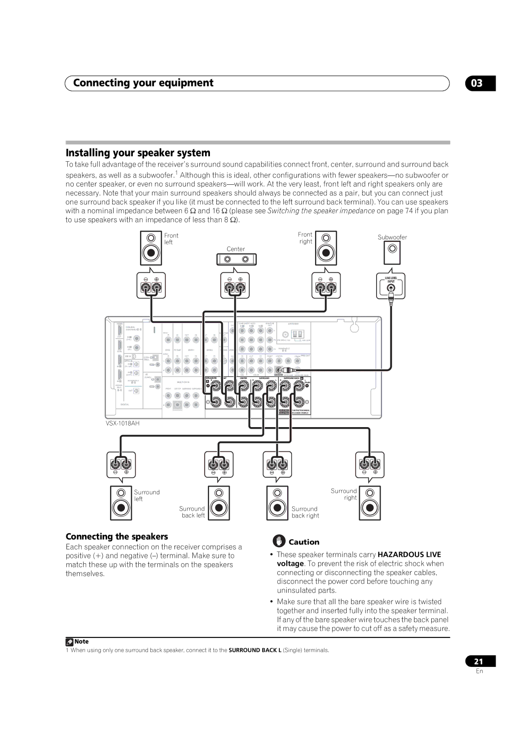 Pioneer VSX-1018AH-K manual Connecting your equipment Installing your speaker system, Connecting the speakers 