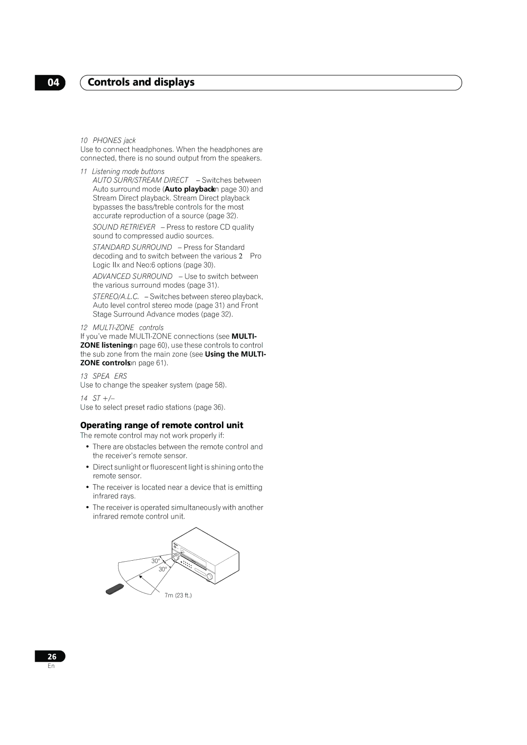 Pioneer VSX-1018AH-K manual Controls and displays, Operating range of remote control unit, Speakers 