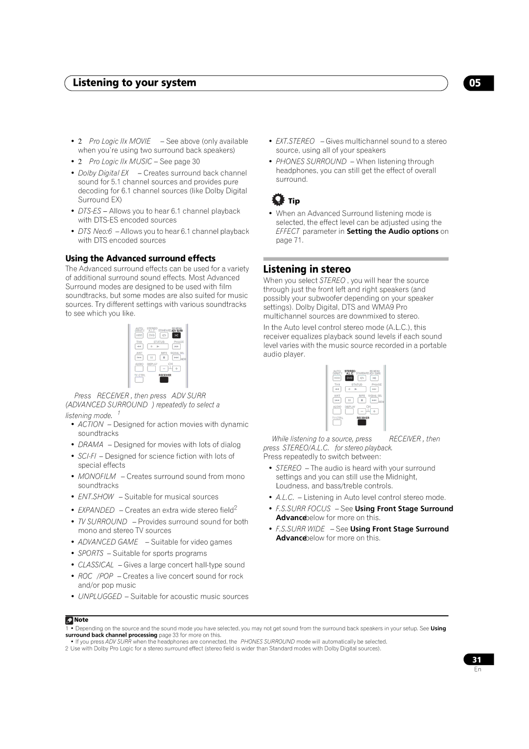 Pioneer VSX-1018AH-K manual Listening to your system, Listening in stereo, Using the Advanced surround effects, Tip 