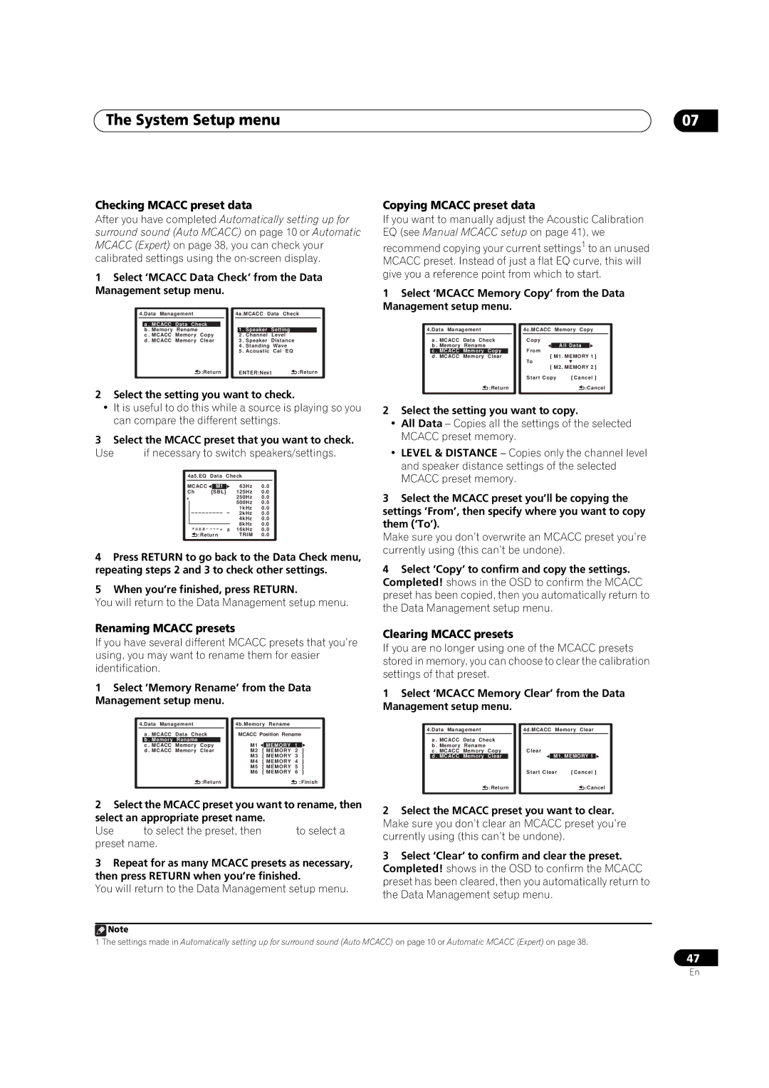 Pioneer VSX-1018AH-K Checking Mcacc preset data, Copying Mcacc preset data, Renaming Mcacc presets, Clearing Mcacc presets 