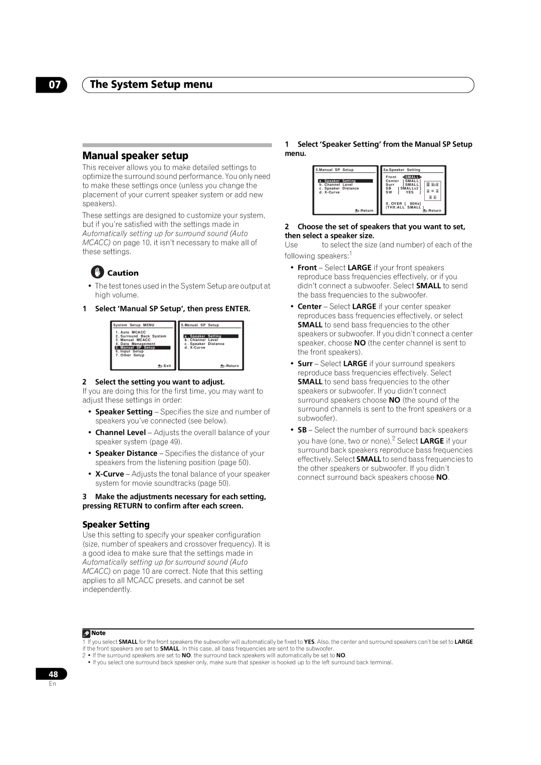 Pioneer VSX-1018AH-K System Setup menu Manual speaker setup, Speaker Setting, Select ‘Manual SP Setup’, then press Enter 