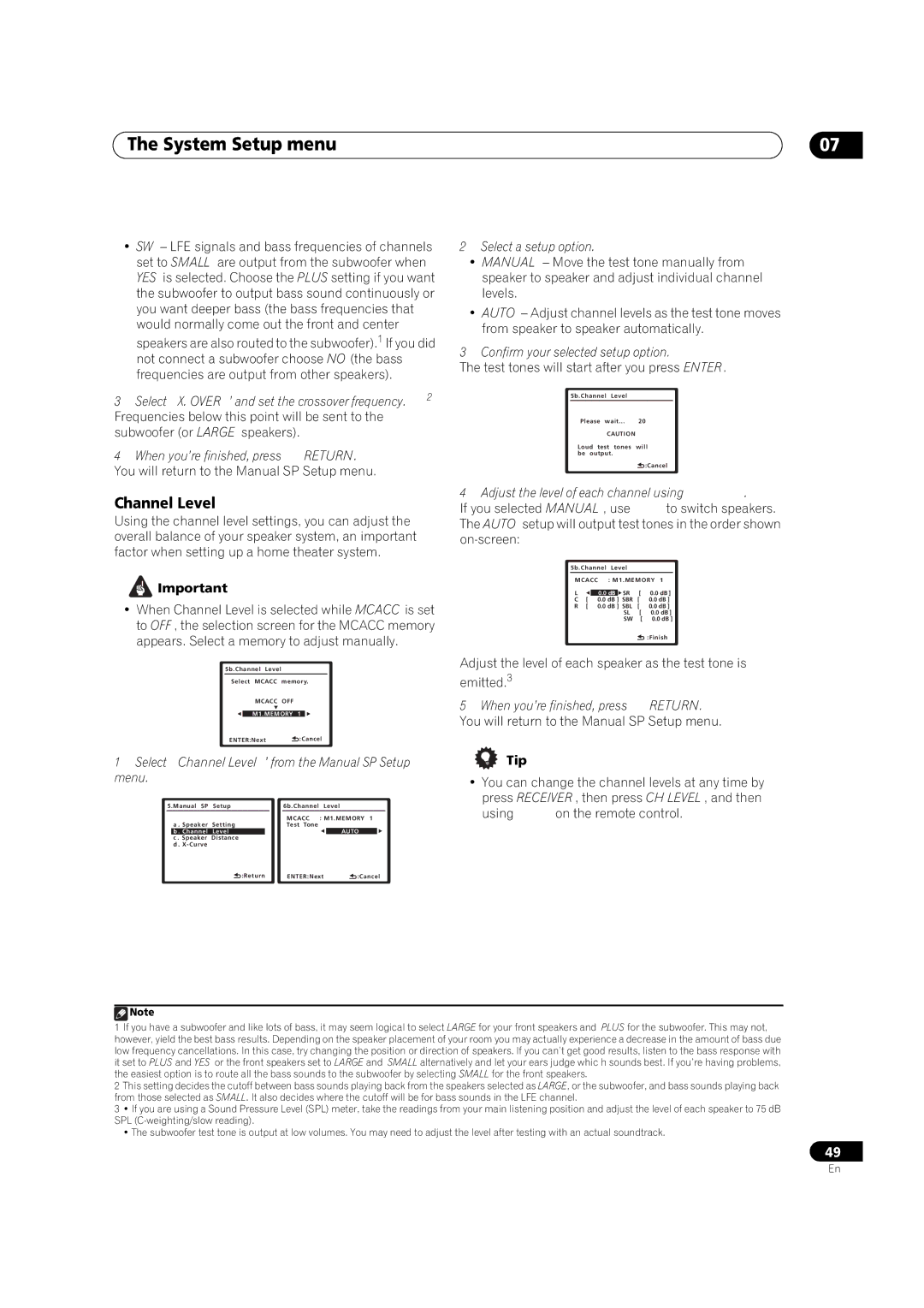 Pioneer VSX-1018AH-K manual Channel Level, Select a setup option, Confirm your selected setup option 