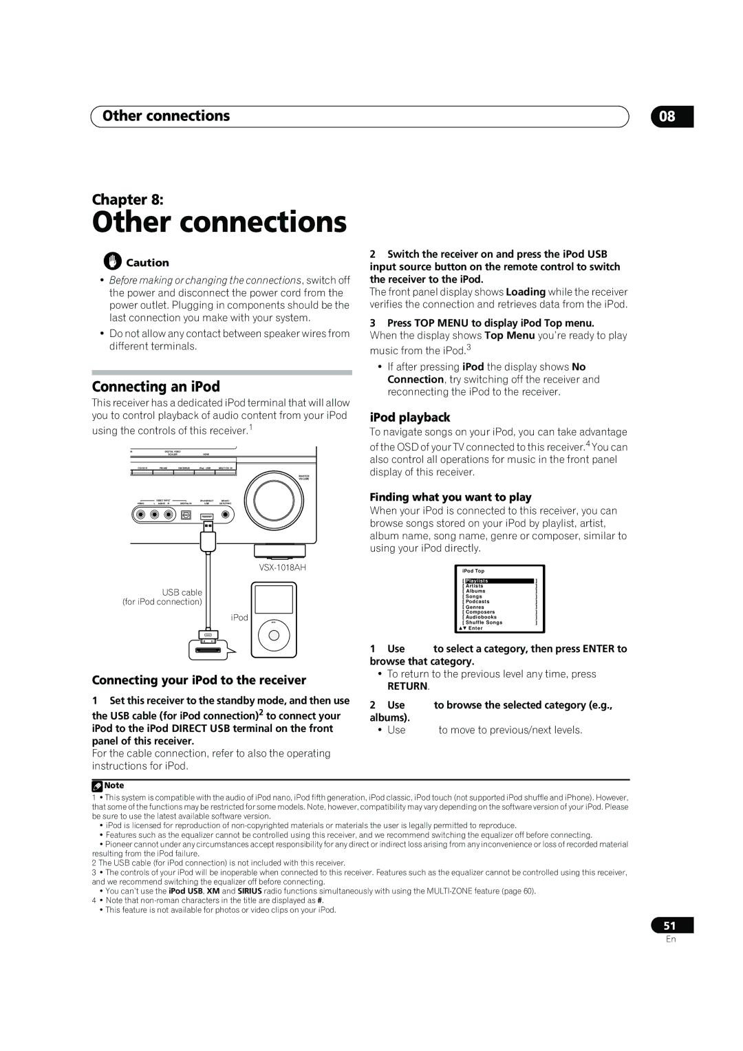 Pioneer VSX-1018AH-K manual Other connections Chapter, Connecting an iPod, IPod playback 