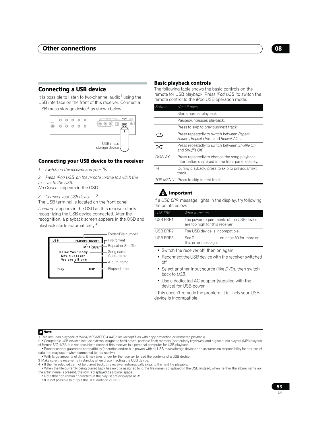 Pioneer VSX-1018AH-K manual Other connections Connecting a USB device, Connecting your USB device to the receiver 