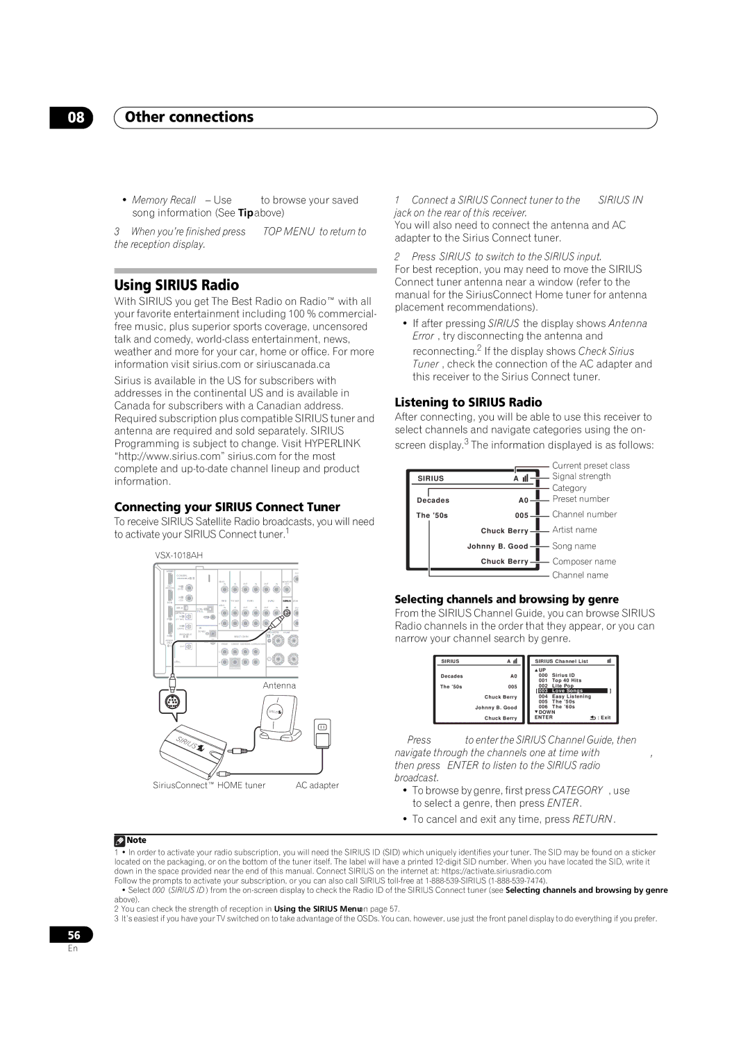 Pioneer VSX-1018AH-K manual Using Sirius Radio, Connecting your Sirius Connect Tuner, Listening to Sirius Radio 