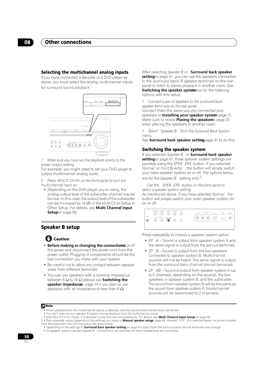 Pioneer VSX-1018AH-K manual Speaker B setup, Selecting the multichannel analog inputs, Switching the speaker system 