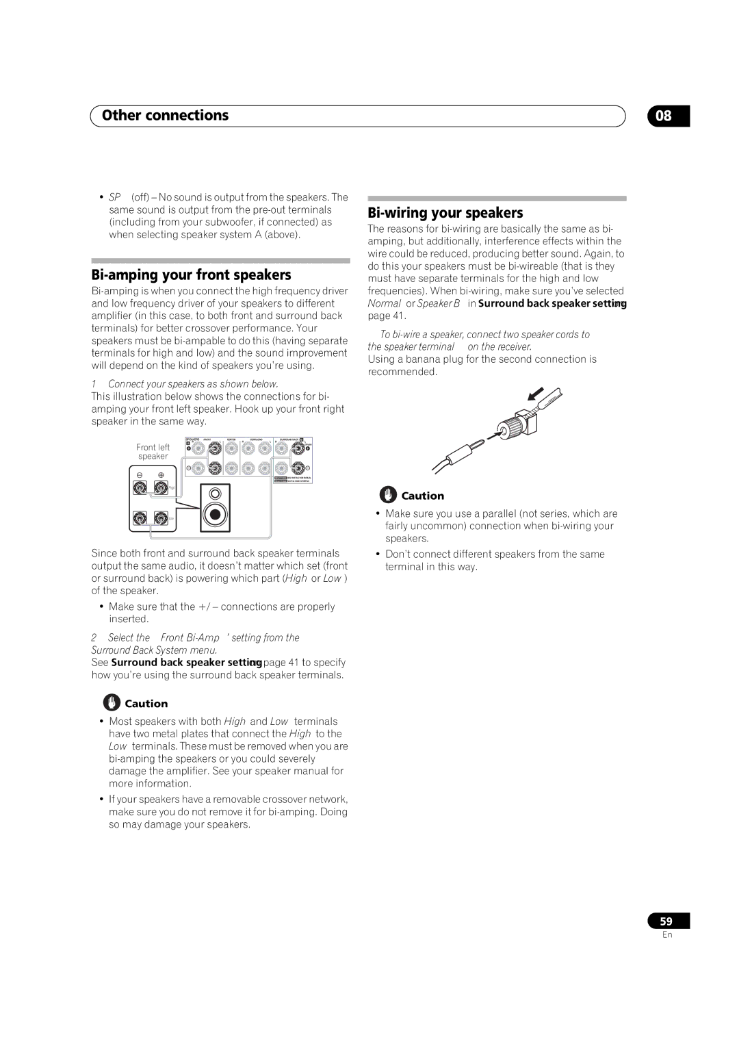 Pioneer VSX-1018AH-K manual Bi-amping your front speakers, Bi-wiring your speakers, Connect your speakers as shown below 