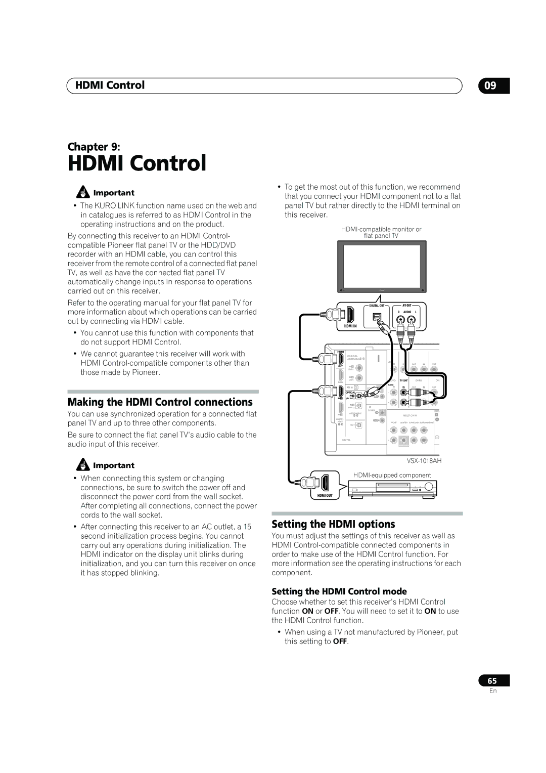 Pioneer VSX-1018AH-K manual Hdmi Control Chapter, Making the Hdmi Control connections, Setting the Hdmi options 