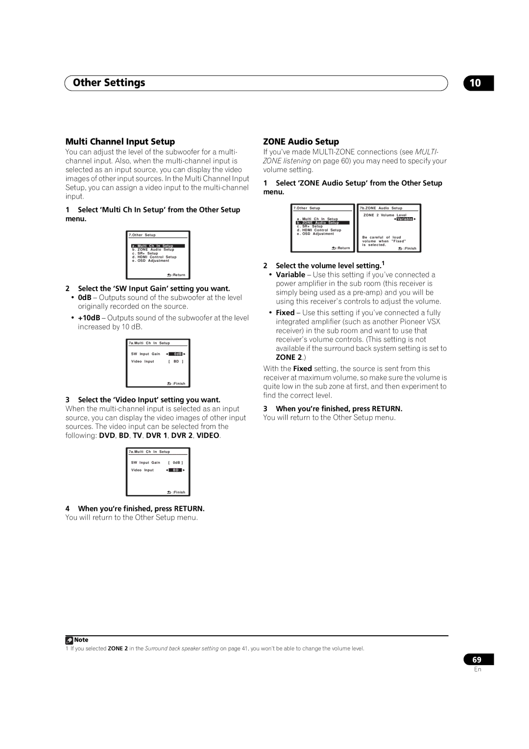 Pioneer VSX-1018AH-K manual Multi Channel Input Setup, Zone Audio Setup 