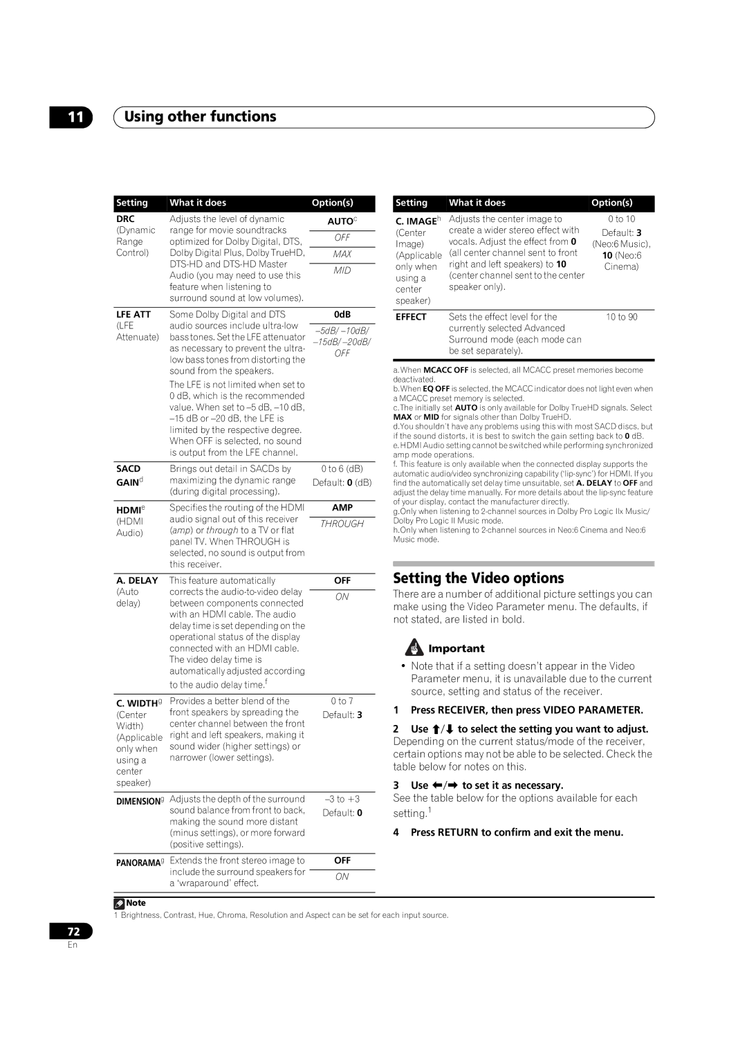 Pioneer VSX-1018AH-K manual Using other functions, Setting the Video options, AUTOc, IMAGEh, WIDTHg 