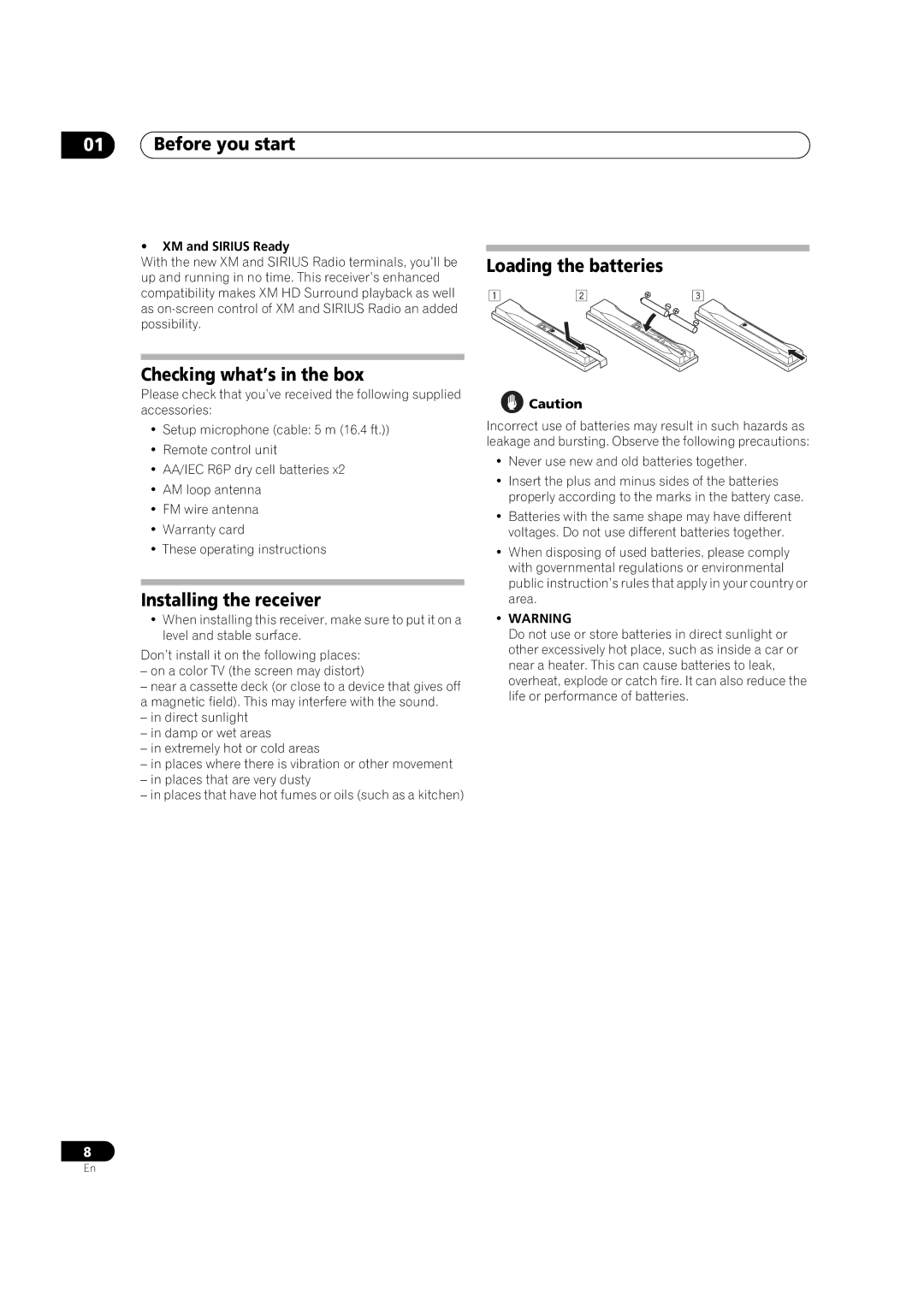 Pioneer VSX-1018AH-K manual Before you start, Checking what’s in the box, Installing the receiver, Loading the batteries 