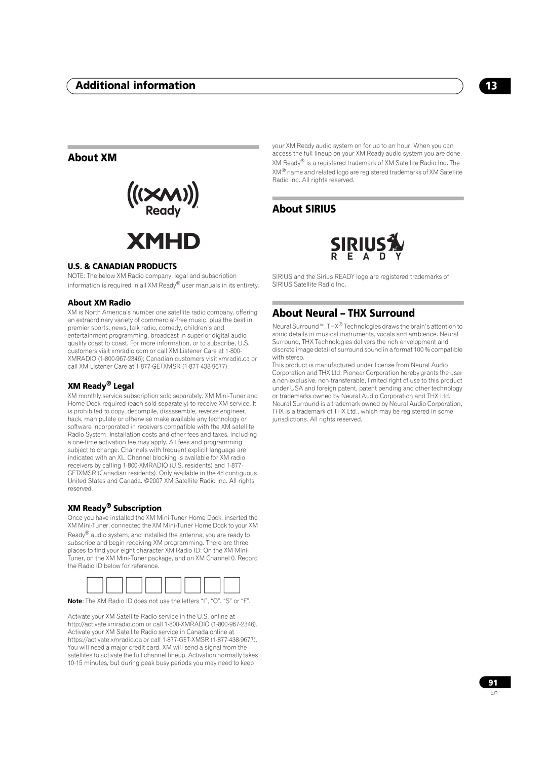 Pioneer VSX-1018AH-K manual Additional information About XM, About Sirius, About Neural THX Surround, XM Ready Subscription 