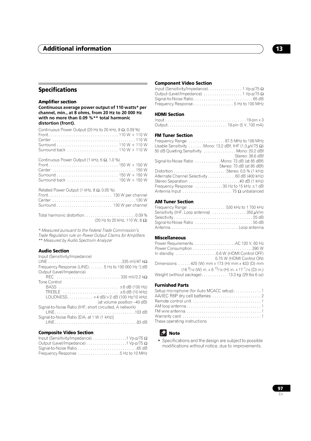 Pioneer VSX-1018AH-K manual Additional information Specifications 